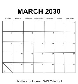 2030 Kalender Vektor-Design. Die Woche beginnt am Sonntag. Druckbares, einfaches und sauberes Design. Kann für Schreibwaren und andere verwendet werden.