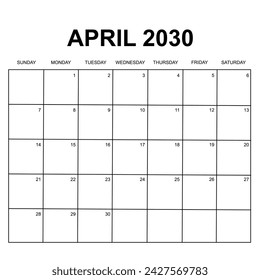 2030 Calendar vector design. Week starts on Sunday. Printable, simple, and clean design. Can use for stationery and other.