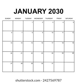 2030 Kalender Vektor-Design. Die Woche beginnt am Sonntag. Druckbares, einfaches und sauberes Design. Kann für Schreibwaren und andere verwendet werden.