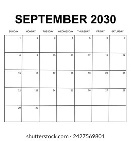 2030 Calendar vector design. Week starts on Sunday. Printable, simple, and clean design. Can use for stationery and other.