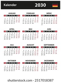 Kalender 2030 - Vektorgrafik. Deutschland, deutsche Fassung | Kalender 2030 - Vektorgrafik. Deutschland, deutsche Version