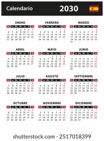 Kalender 2030 - Vektorgrafik. Spanien, spanische Fassung | Kalender 2030 - ilustración vectorial de stock. España, versión en español