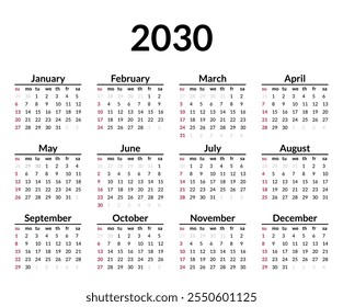 2030 calendar. Week starts on Sunday. Simple calendar layout. Yearly diary. Minimal stationery template with 12 months, in English. Pocket or wall formats