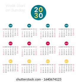 2030 simple calendar. calendar grid. The week starts on Sunday. flat vector illustration isolated on white background