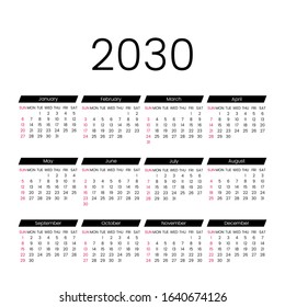 2030 simple calendar. calendar grid. The week starts on Sunday. flat vector illustration isolated on white background