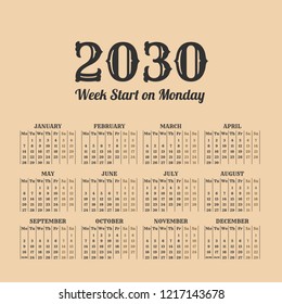 2030 year calendar in the vintage style on a beige background