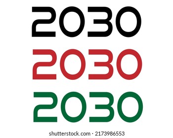 2030 year. Year set for comemoration in black, red and green. Vetor with background white.