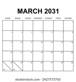2031 calendar vector design. Week starts on Sunday. Printable, simple, and clear design. Can use for stationery and other.