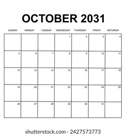 2031 calendario de diseño vectorial. La semana comienza el domingo. Diseño imprimible, simple y claro. Se puede utilizar para papelería y otros.
