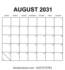 2031 calendar vector design. Week starts on Sunday. Printable, simple, and clear design. Can use for stationery and other.