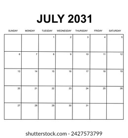 2031 calendar vector design. Week starts on Sunday. Printable, simple, and clear design. Can use for stationery and other.
