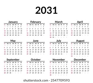 2031 calendar. Week starts on Sunday. Simple calendar layout. Yearly diary. Minimal stationery template with 12 months, in English. Pocket or wall formats