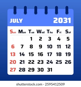 2031 July brings summer heat, beach vibes, and holiday celebrations. Enjoy the sun, leisure, and festive moments.

