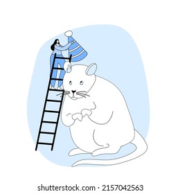 2032 New Year Holidays Event Celebration. Happy Woman Stand on Ladder Decorate Huge White Mouse Put Festive Hat on Rat Head. Symbol of Chinese Calendar. Linear Cartoon Flat People Vector Illustration
