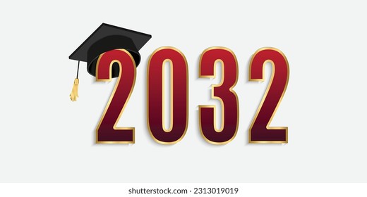 2032 red and gold numbers with graduation hat. vector illustration svg