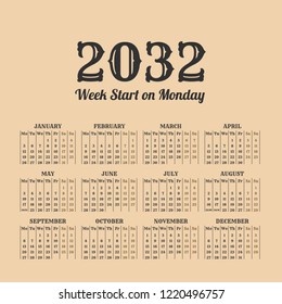 2032 year calendar in the vintage style on a beige background svg
