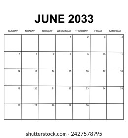 2033 Calendar design. Week starts on Sunday. Printable, simple, and clean design. Stationery vector design.