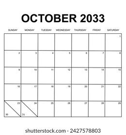 2033 Calendar design. Week starts on Sunday. Printable, simple, and clean design. Stationery vector design.