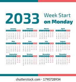 2033 Calendar with the weeks start on Monday