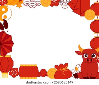2033 Chinese new year, lunar lantern festival, year of the Bull template vector graphic line rectangle frame design with chinese traditional elements.
