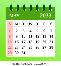 2033 May Calendar. Vector illustration. Welcomes sunshine, blooming flowers, and outdoor joy. A perfect time to relax, reflect, and enjoy nature’s beauty