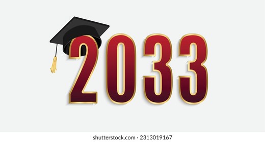 2033 rote und goldene Zahlen mit Graduierungsmütze. Vektorgrafik