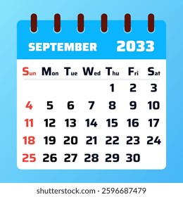 2033 September Calendar welcomes autumn with crisp air, golden leaves, and fresh starts. A time to refocus, organize, and embrace change for the season ahead.