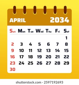 2034 April Calendar Layout. Vector Illustration of an April 2034 Planner. April 2034 Calendar Template. Modern and clean.