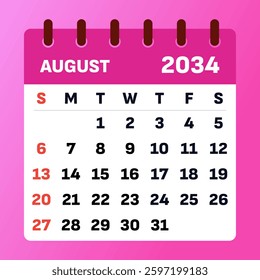 2034 August Calendar Template. Vector Design of an August 2034 Planner. August 2034 Monthly Layout. Simple and clean