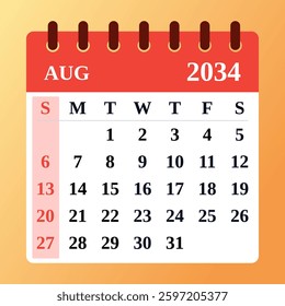 2034 August Calendar Template. Vector Design of an August 2034 Planner with warm summer tones. August 2034 Monthly Organizer. Simple and stylish