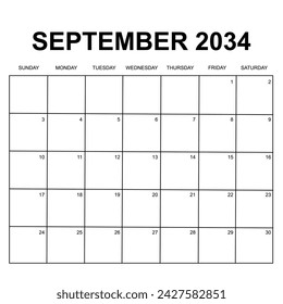 2034 Calendar design. Week starts on Sunday. Printable, simple, and clean design. Stationery vector design.
