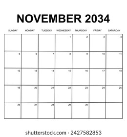 2034 Calendar design. Week starts on Sunday. Printable, simple, and clean design. Stationery vector design.