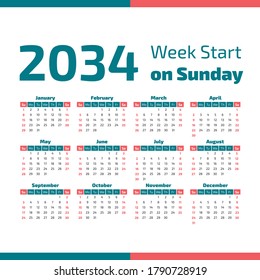 2034 Calendar with the weeks start on Sunday