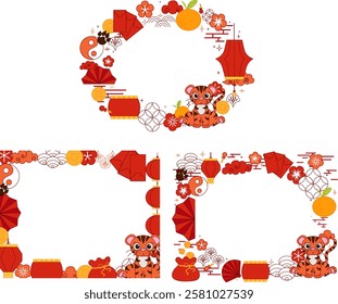 2034 CNY Tiger zodiac theme oval frames set Plantillas, diseños que incluyen Anuncio de Web y publicaciones en redes sociales. Estilo de arte lindo y audaz. Línea gráfica de Vector
