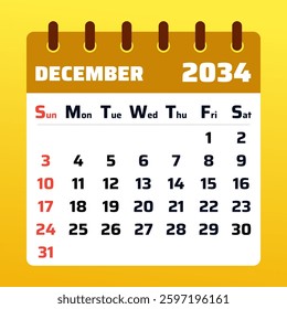 2034 December Calendar Design. Vector Illustration of a December 2034 Planner with holiday vibes. December 2034 Calendar Template. Simple and festive
