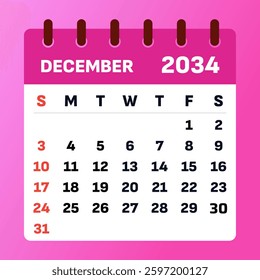 2034 December Calendar Layout. Vector Illustration of a December 2034 Planner with a festive theme. December 2034 Monthly Calendar. Flat and modern.