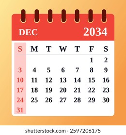 2034 December Calendar Layout. Vector Illustration of a December 2034 Planner. December 2034 Monthly Organizer. Clean and elegant.