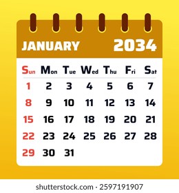 2034 January Calendar Layout. Vector Illustration of a January 2034 Planner. January 2034 Calendar Template. Flat design.