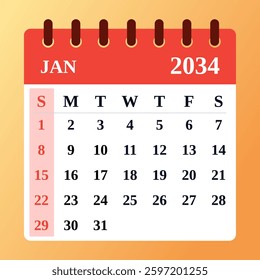 2034 January Calendar Template. Vector Illustration of a January 2034 Planner with a clean layout. January 2034 Monthly Design. Flat and minimal style.
