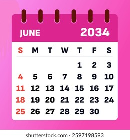 2034 June Calendar Layout. Vector Illustration of a June 2034 Planner. June 2034 Monthly Calendar. Flat and clean design