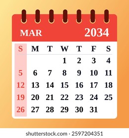 2034 March Calendar Design. Vector Illustration of a March 2034 Planner. March 2034 Monthly Organizer. Simple and modern.