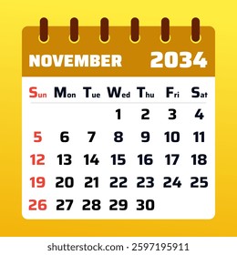 2034 November Calendar Template. Vector Illustration of a November 2034 Planner. November 2034 Monthly Organizer. Flat design.