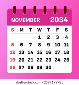 2034 November Calendar Template. Vector Design of a November 2034 Planner. November 2034 Monthly Layout. Clean and minimal.