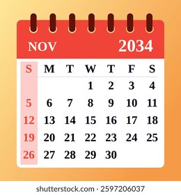 2034 November Calendar Template. Vector Design of a November 2034 Planner. November 2034 Monthly Layout. Simple and modern.