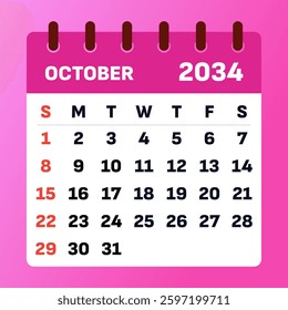 2034 October Calendar Design. Vector Illustration of an October 2034 Planner. October 2034 Monthly Organizer. Simple and stylish.
