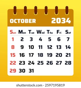 2034 October Calendar Layout. Vector Illustration of an October 2034 Planner. October 2034 Calendar Template. Clean and simple.