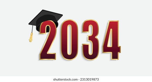 2034 red and gold numbers with graduation hat. vector illustration