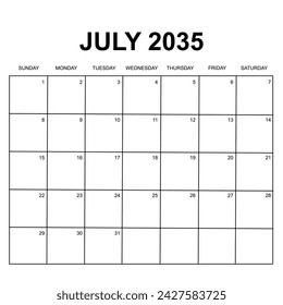 2035 Calendar design. Week starts on Sunday. Printable, simple, and clean design. Stationery vector design.