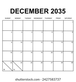 2035 Calendar design. Week starts on Sunday. Printable, simple, and clean design. Stationery vector design.