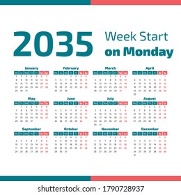 2035 Calendar with the weeks start on Monday